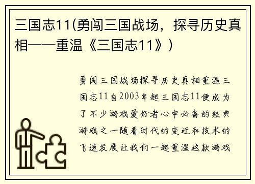 三国志11(勇闯三国战场，探寻历史真相——重温《三国志11》)